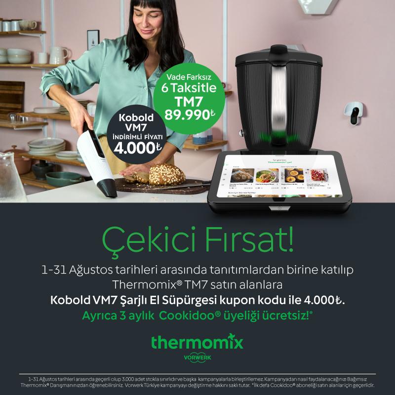 Çekici Fırsat, 1 - 31 Ağustos. TM7 alana Kobold VM7 Şarjlı El Süpürgesi kupon koduyla 4.000 ₺, vade farksız 6 taksitle 89.990 ₺, 3 ay Cookidoo üyeliği ücretsiz