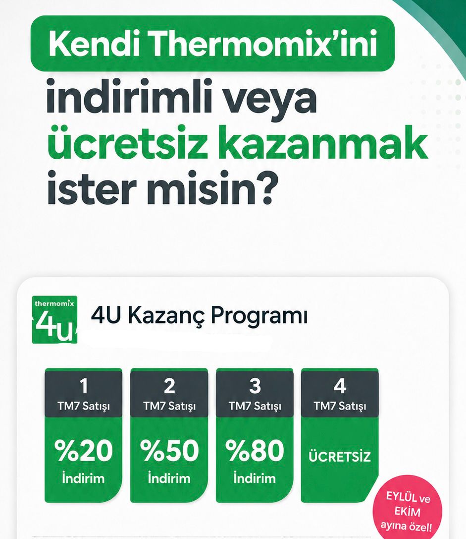 4U Kazanç Programı, Eylül ve Ekim ayına özel. Kendi Thermomix'ini indirimli veya ücretsiz kazan: 1 TM7 satışında %20, 2 satışta %50, 3 satışta %80 indirim, 4 satışta ücretsiz
